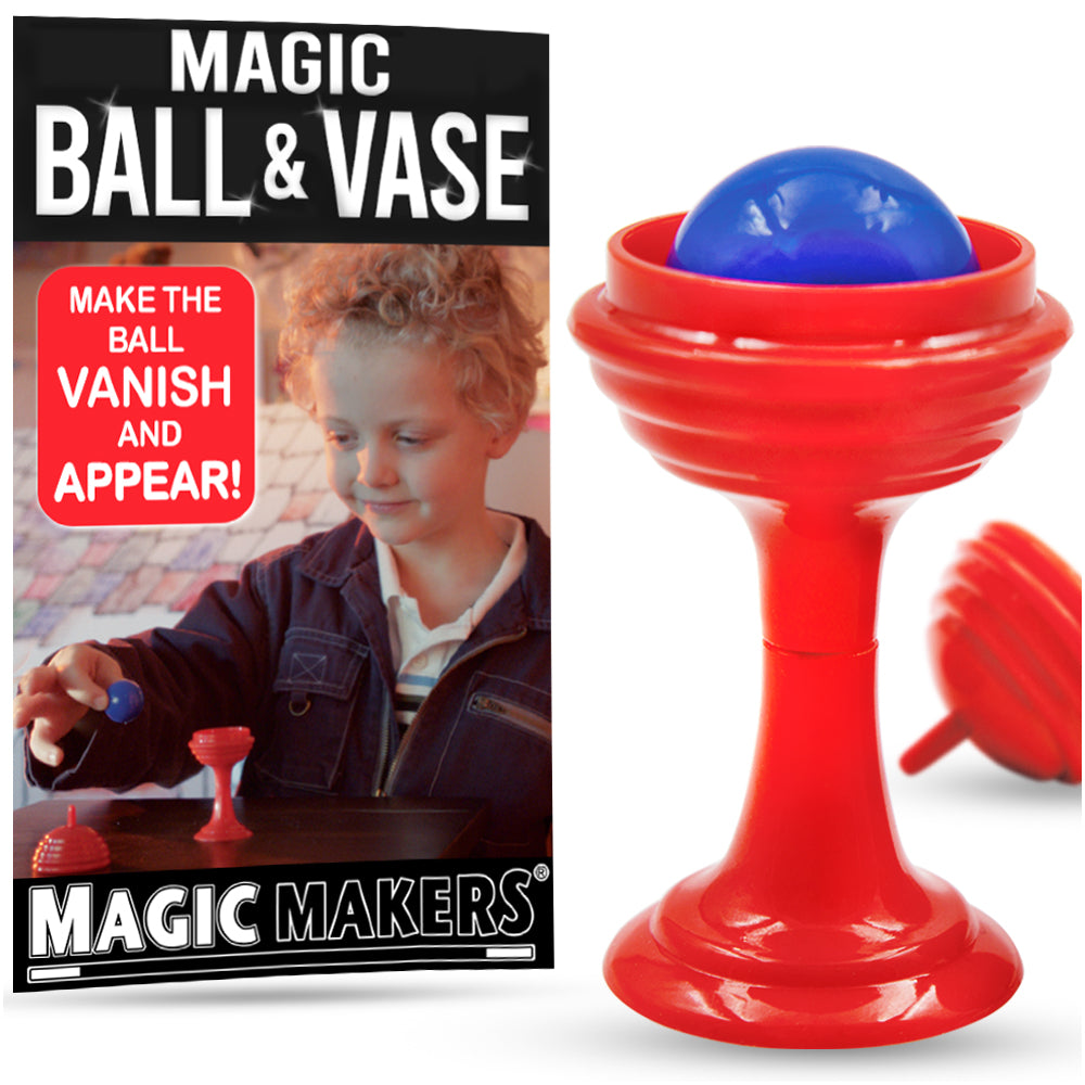 Amazing Magic Ball & Vase Trick-Magic Makers Inc: kid demonstrates blue ball vanishing from red vase.