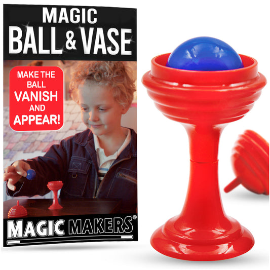 Amazing Magic Ball & Vase Trick-Magic Makers Inc: kid demonstrates blue ball vanishing from red vase.