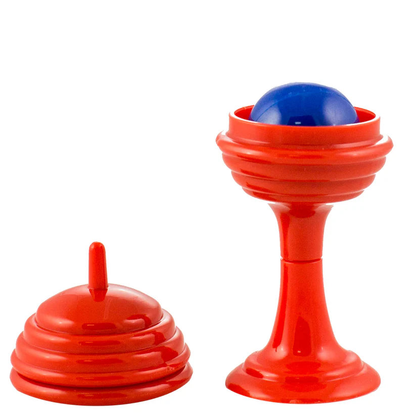 Amazing Magic Ball & Vase Trick-Magic Makers Inc red stand with blue ball inside a vase for a classic magic illusion.